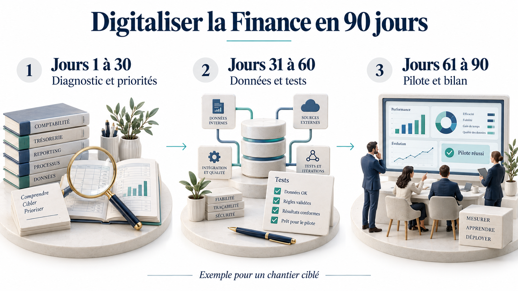 Exemple de digitalisation Finance sur 90 jours : diagnostic, préparation des données, tests et bilan du pilote.
